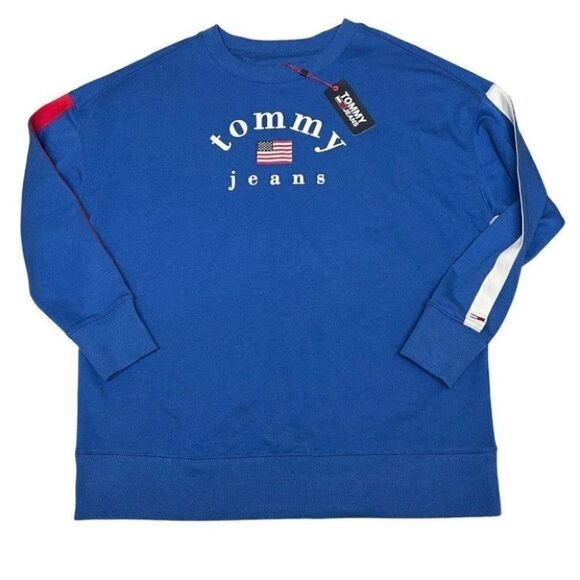 Tommy Jeans Women’s S Oversized‎ Logo Sweatshirt Flag Stripe Longline Lounge Red - Picture 8 of 10